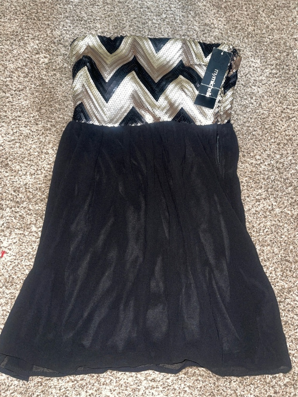 Strapless Black Mini Dress with Gold Chevron Sequin Bodice